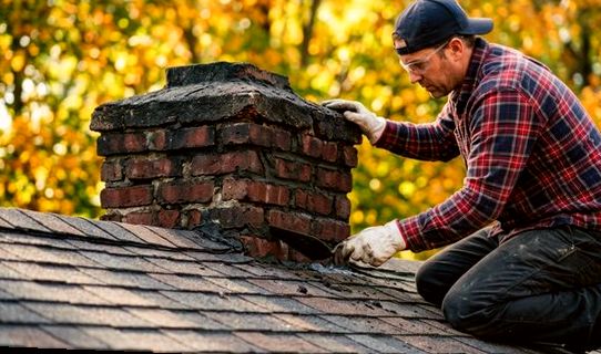 Mason rebuilding a postwar chimney top course by course