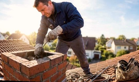 Chimney sweep working a brick flue in bright sun over Westchester CA