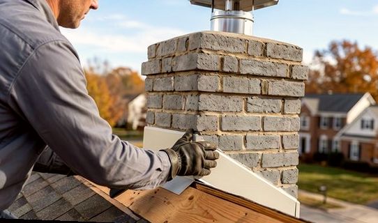 New flashing panel fitted against a gray block chimney