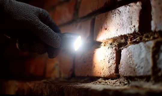 Torchlight revealing a failing mortar joint during a look-over