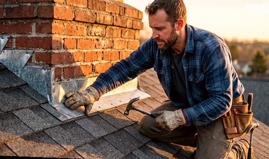 Flashing hammered tight at a chimney base at golden hour